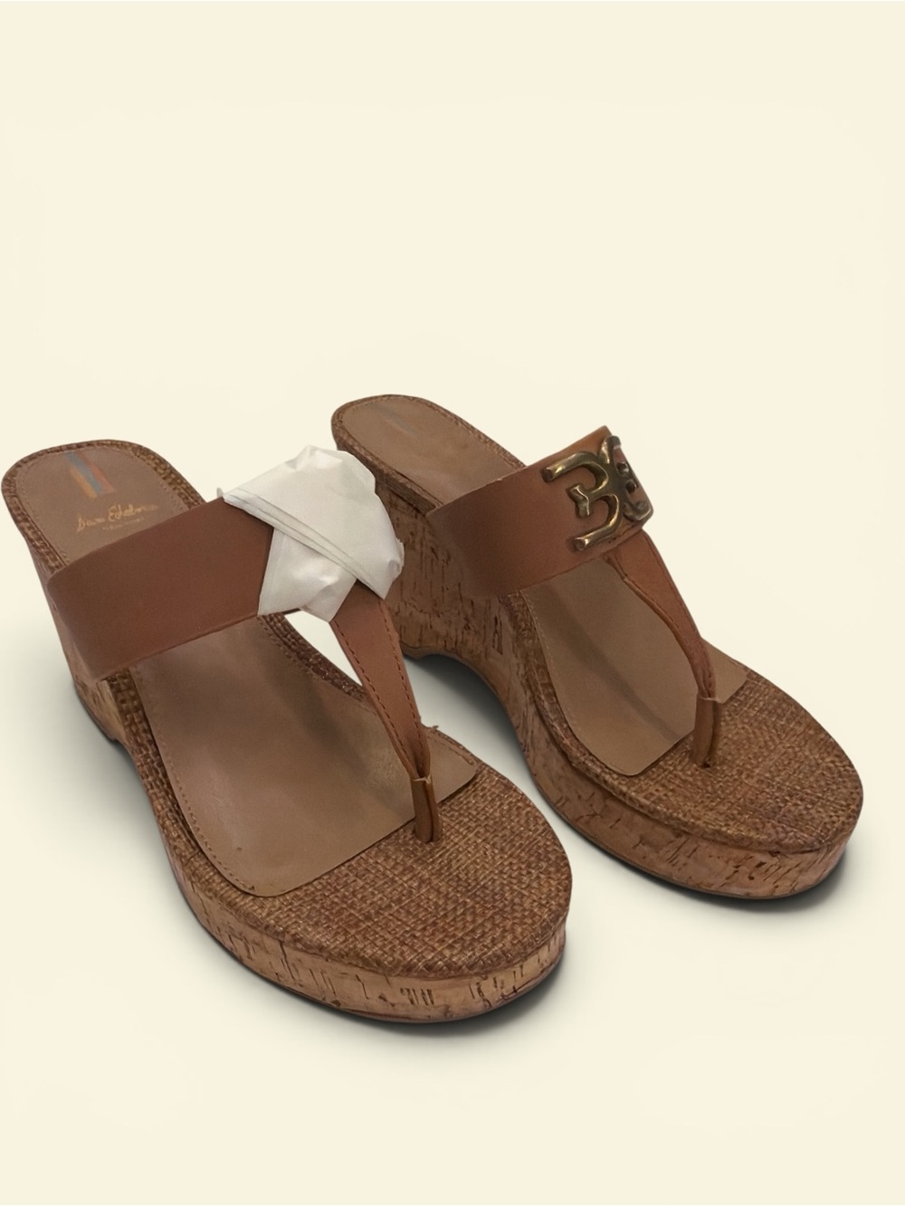 Sam Edelman Brown Cork Thong Wedge Sandals with Gold Accent